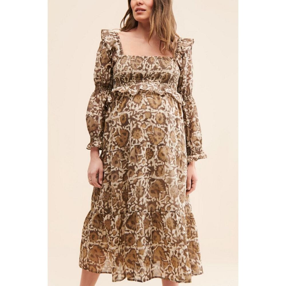 Frances Hart Maternity Maxi Dress XS Taupe Maxine Smocked Tiered Boho Silk Blend